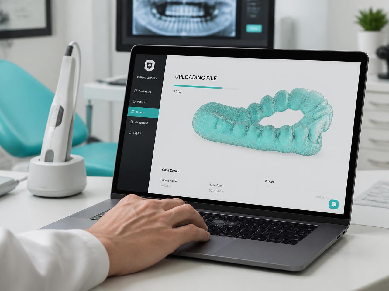 A dentist uploading an intraoral scan file, with the 3D tooth arch mesh shown on screen