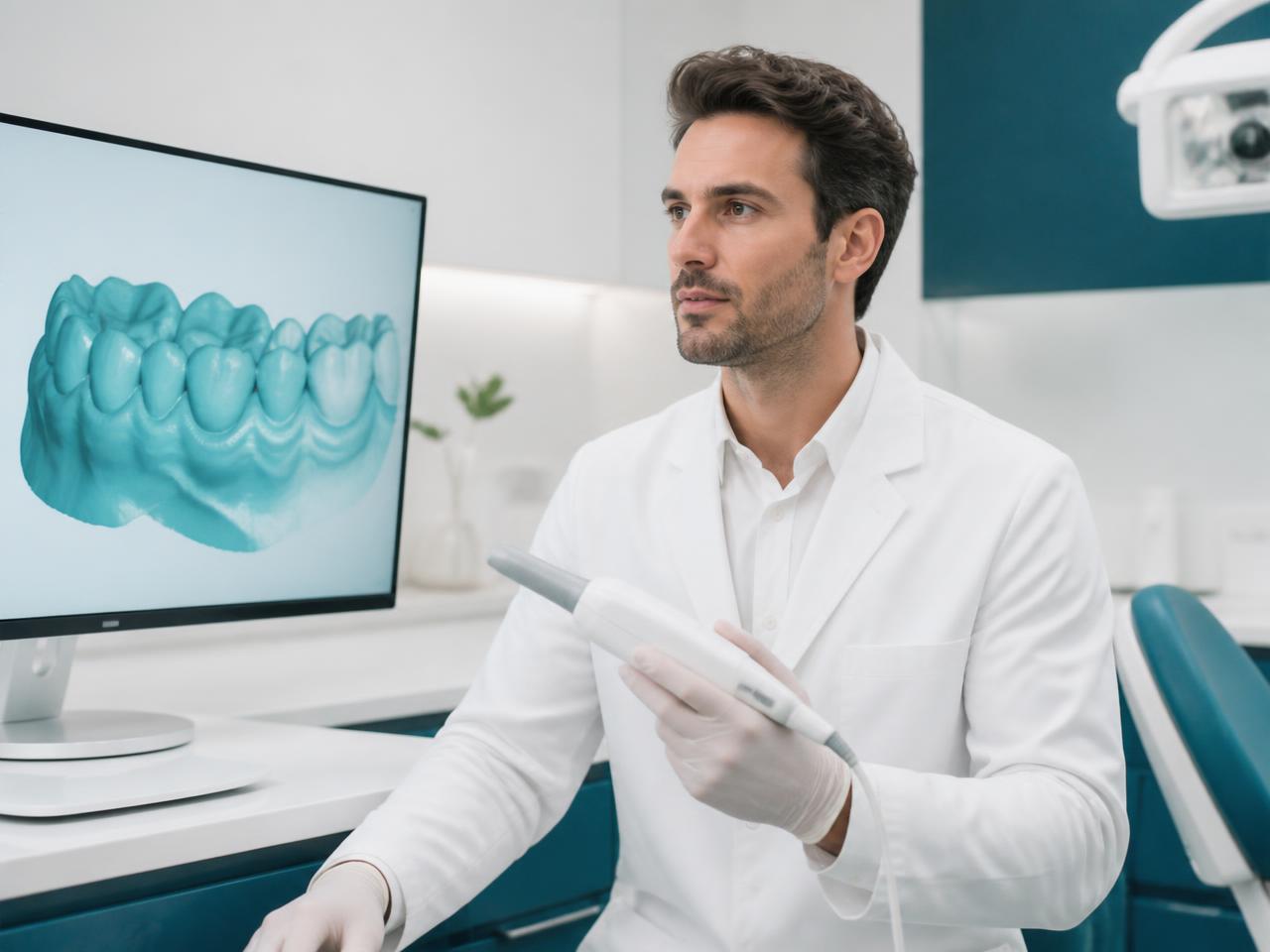 A dentist capturing a digital impression with an intraoral scanner while a 3D model builds on screen