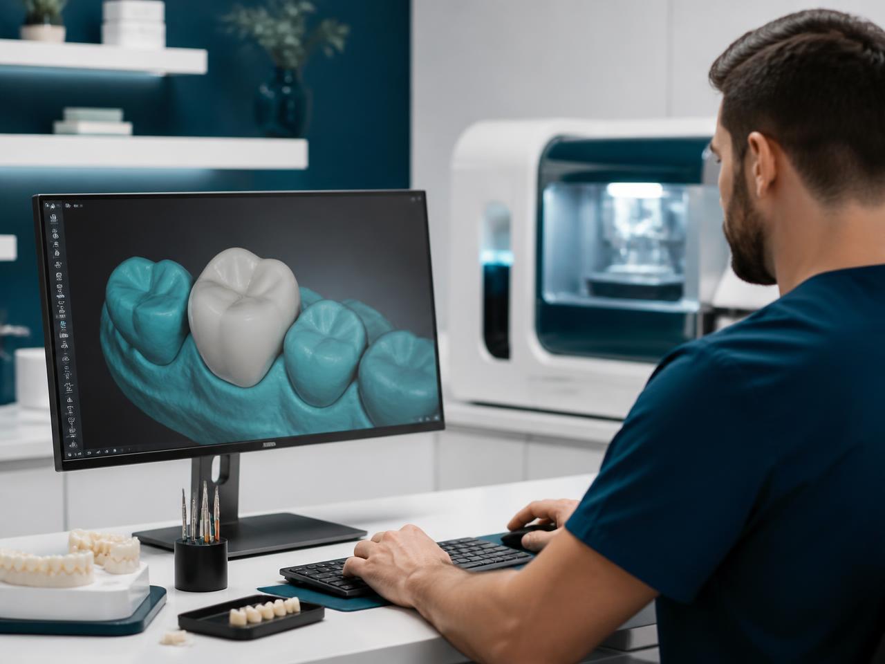 A dental technician designing a crown in CAD software beside a milling unit